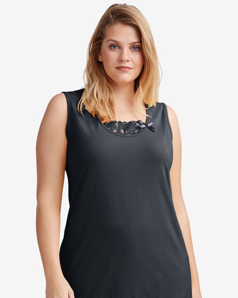Front of a model wearing a size 3X Megan Lace Hem Tank in Black by Ellos. | dia_product_style_image_id:383611